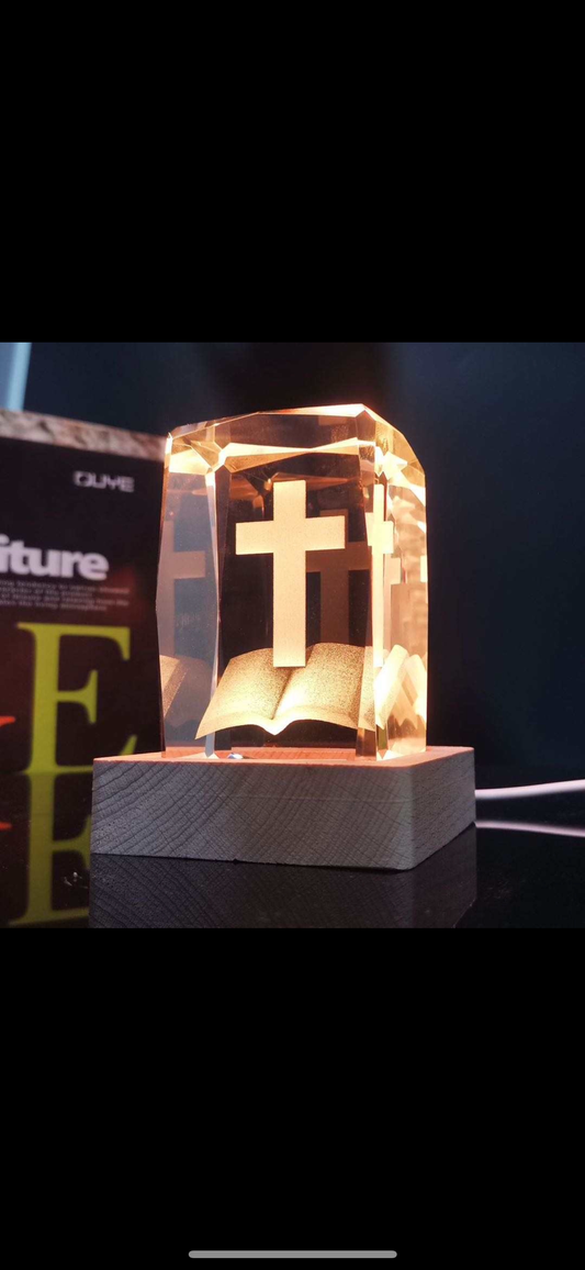 Bible & Cross. K9 Glass with light stand. Praying Light Stand. Great Night light keeps us Remember God.